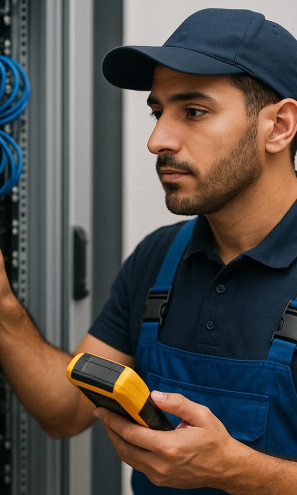 فني شبكات إنترنت يقوم بتركيب وصيانة شبكة الإنترنت في أحد منازل الرياض